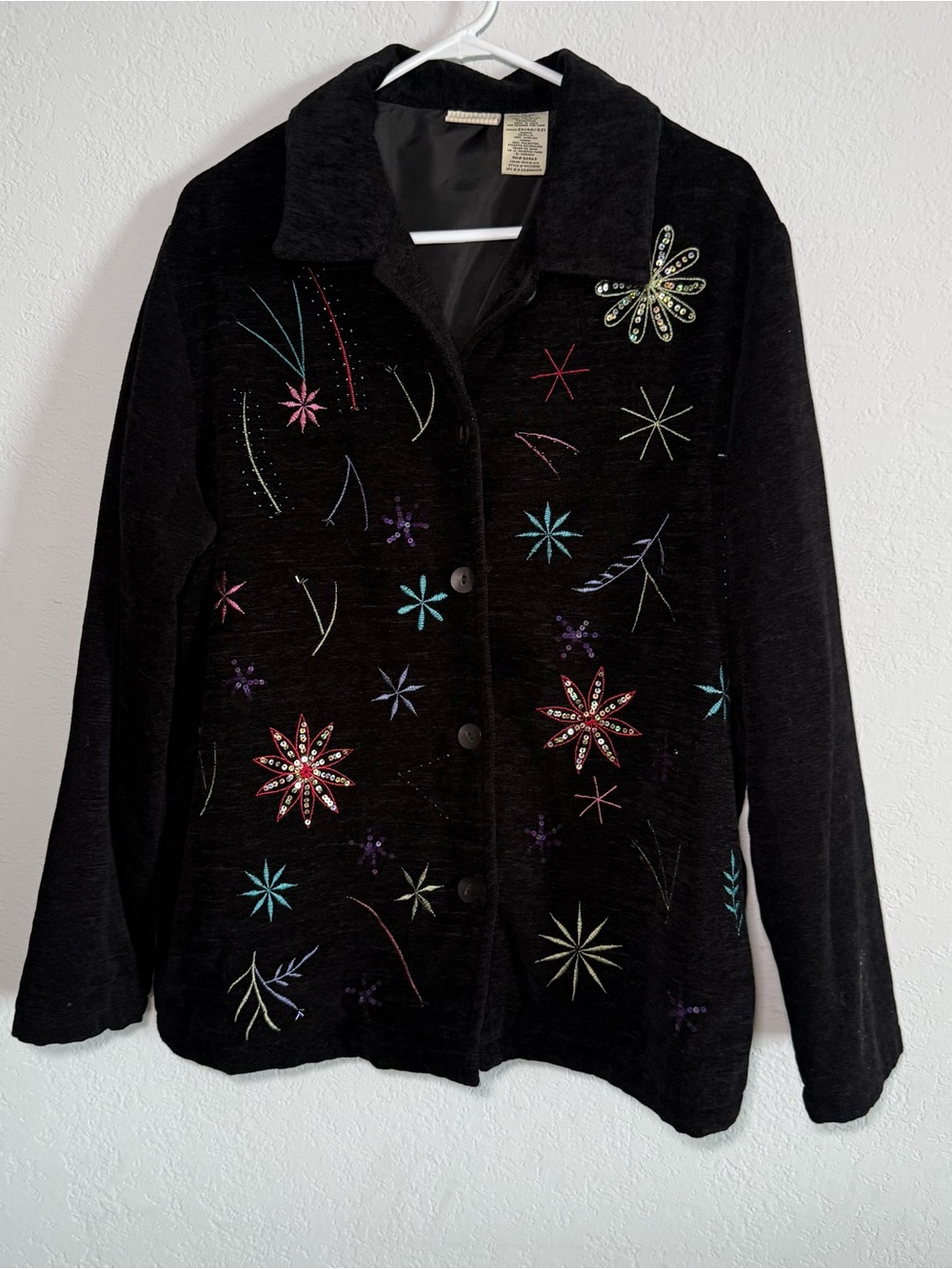 Holidays White Stag Women XLG Black Velvet Jacket Embroidered Stars Sequins